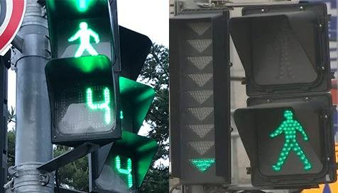 Green pedestrian signals with countdown timers at Korean crosswalks. Photo: Financial News