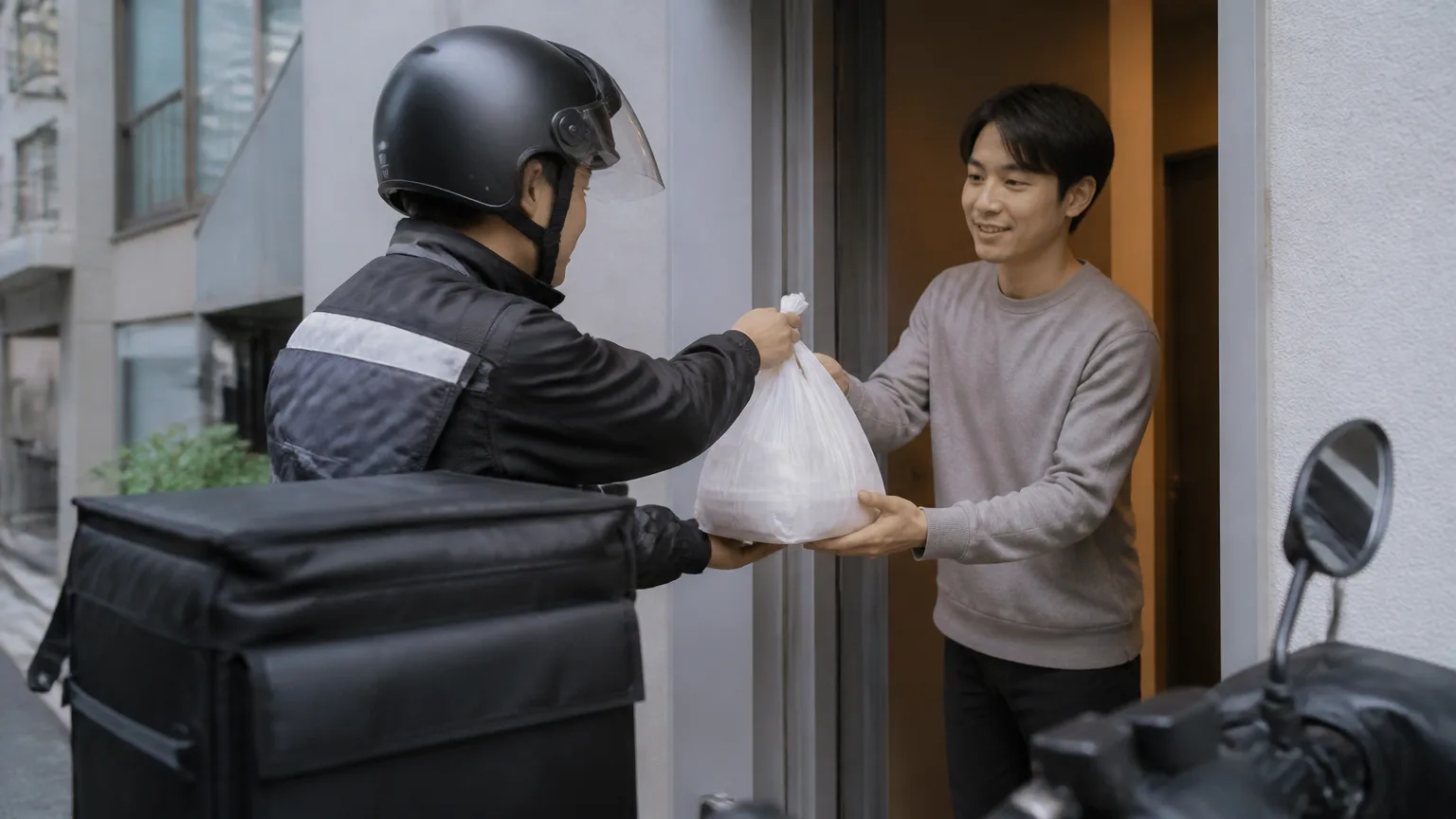 Delivery rider handing food to a customer at an apartment building in Korea