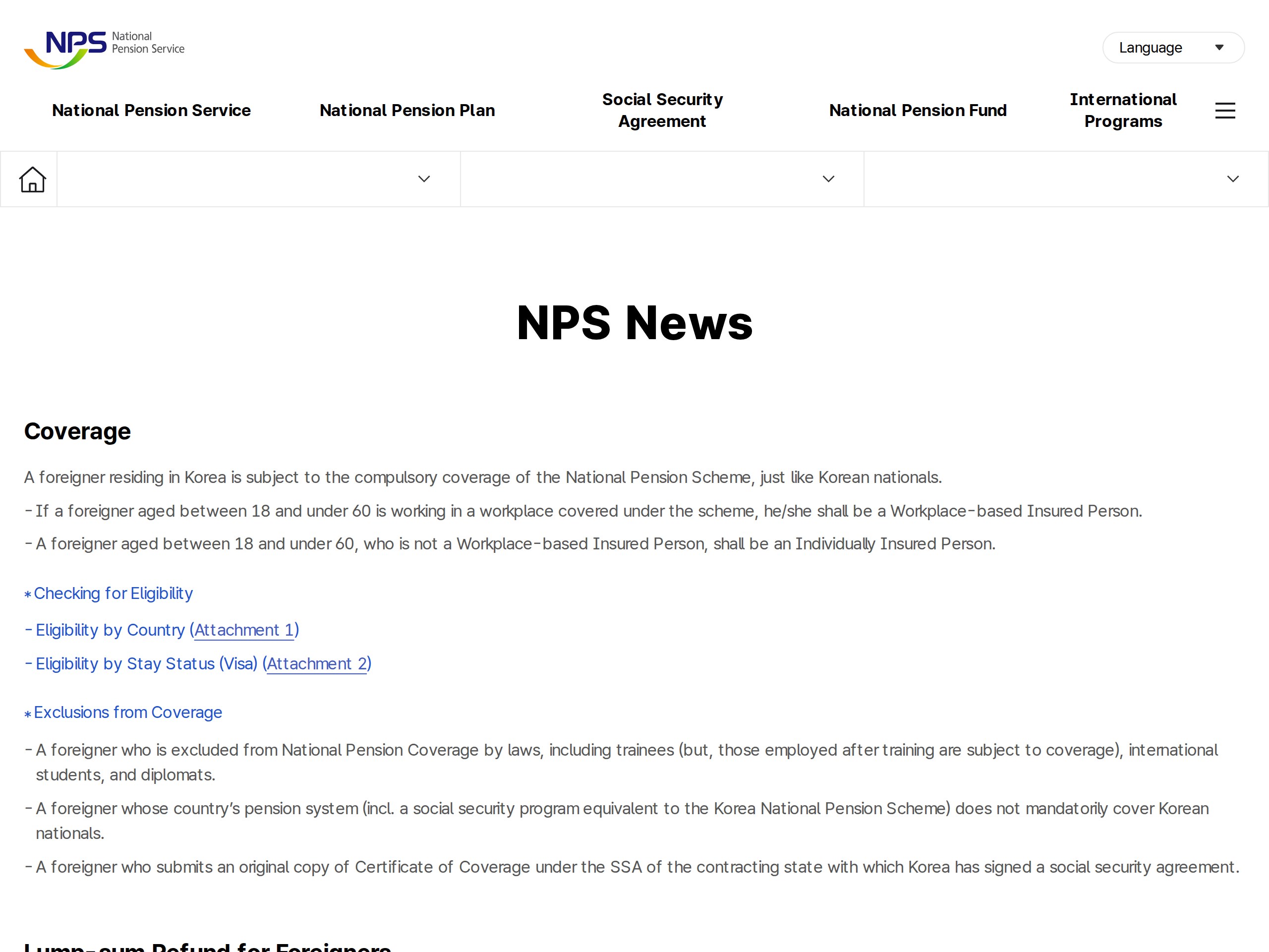 The NPS English-language page for foreigners' lump-sum refunds, showing the agreement and reciprocity country lists