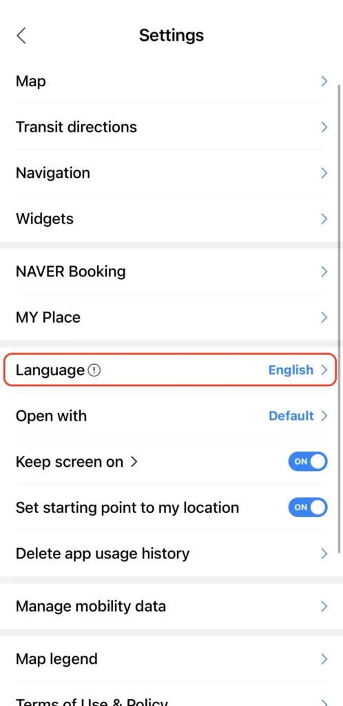 Naver Map's Settings menu with the Language option set to English. Photo: hodurang.kr