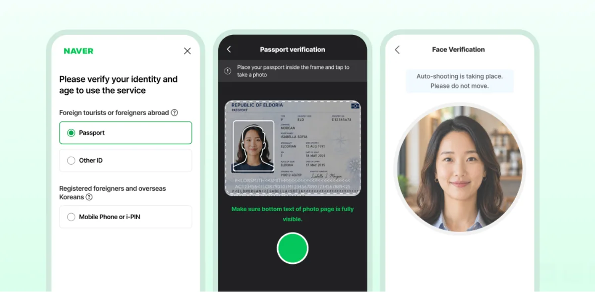 Naver's passport verification screens for foreign visitors, shown with a sample passport. Source: The Pickool