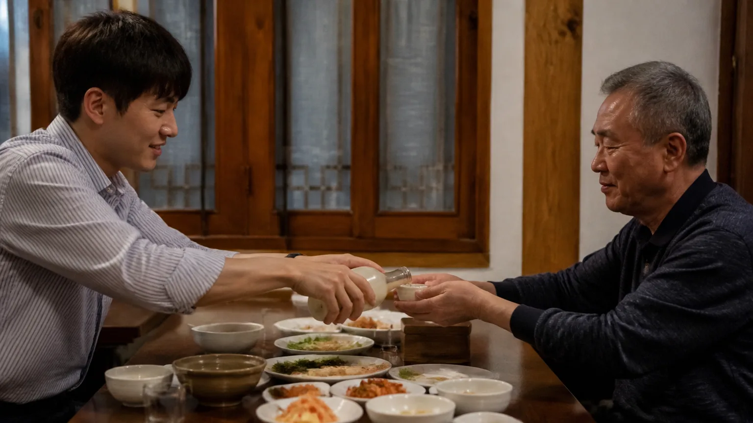 Koreans pouring and receiving a drink with both hands at a drinking table