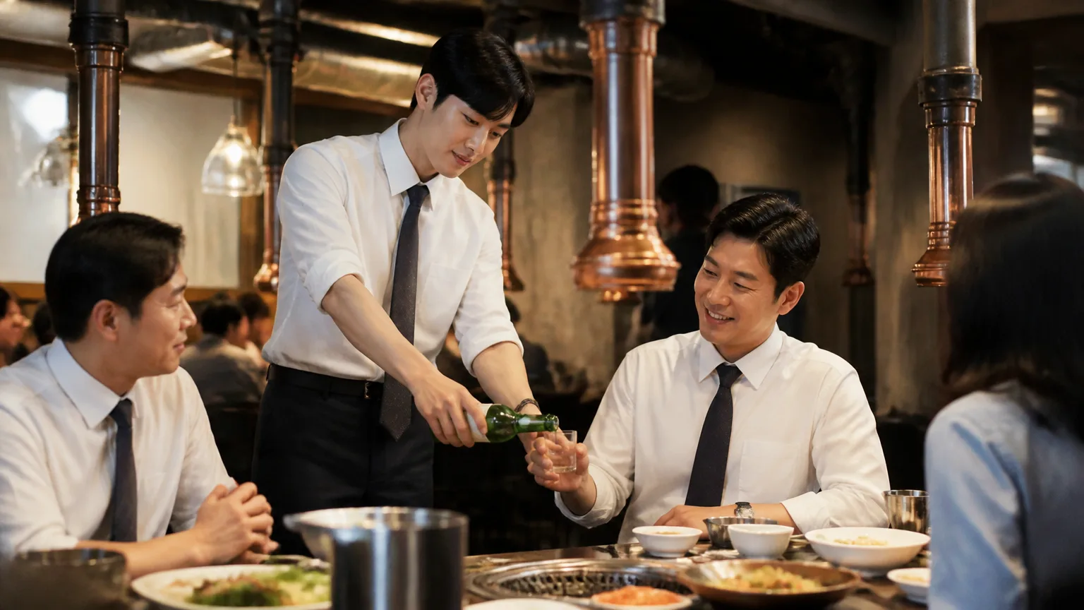 Boss and staff seated together at a Korean company dinner