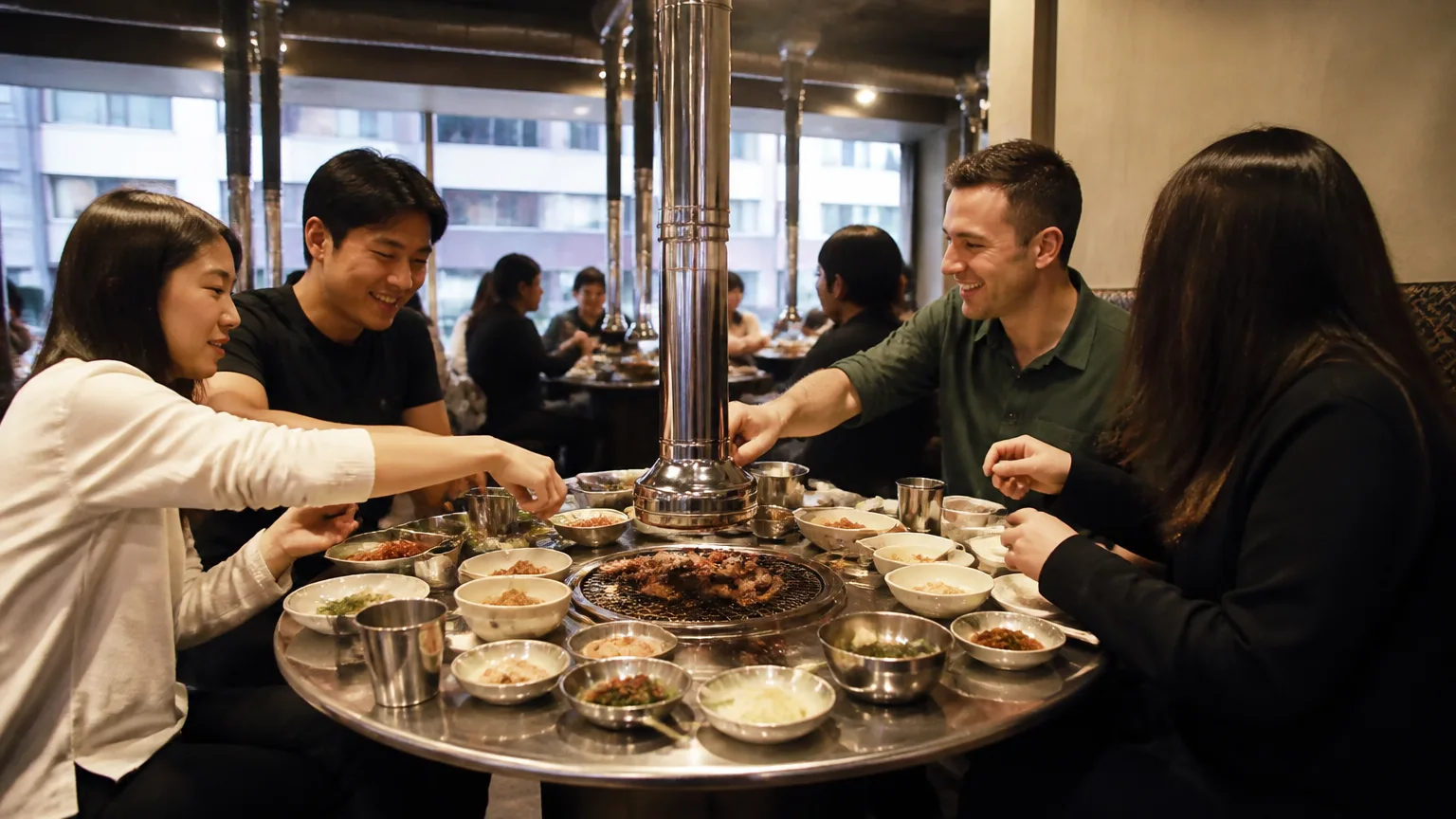 A foreigner having a meal with Korean locals at a restaurant