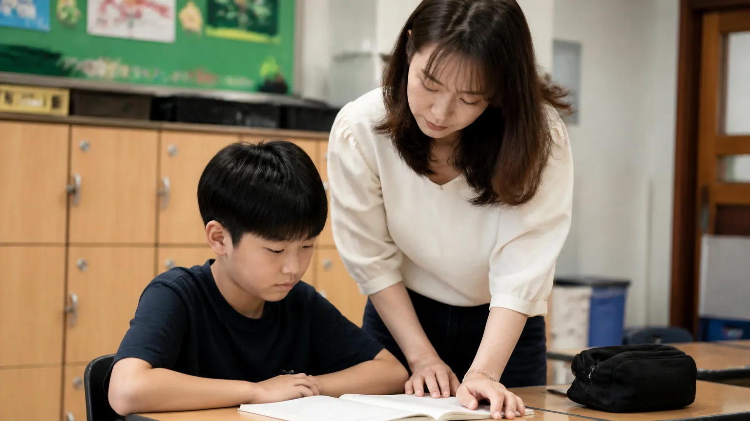 Korean classroom, teacher marking student notebook