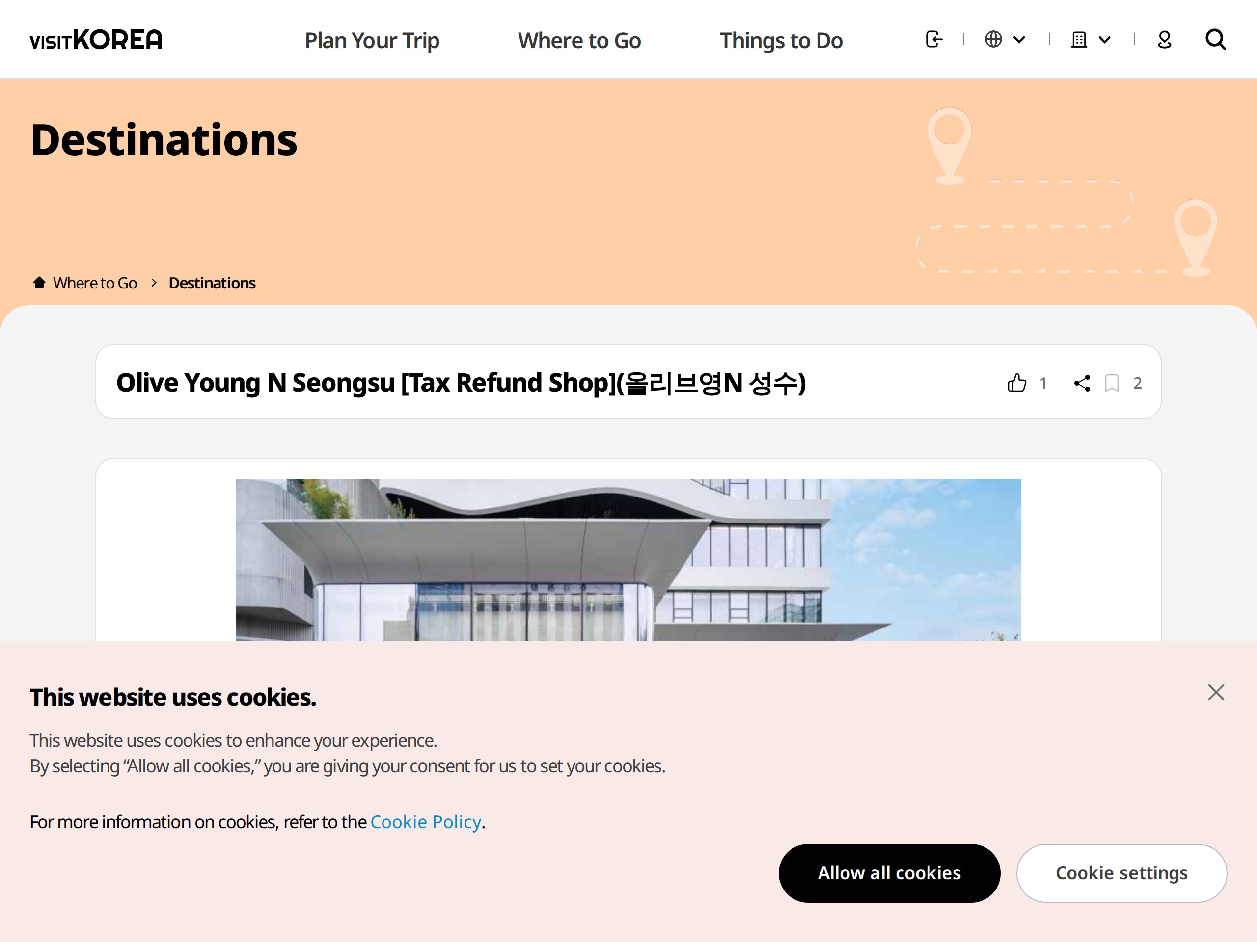 VISITKOREA page for Olive Young N Seongsu showing the Tax Refund Shop label, hours, and address