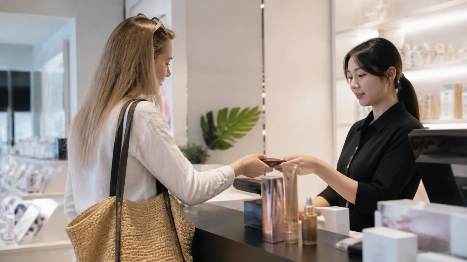Foreign customer paying at an Olive Young checkout showing passport (웹 검색 실패 - AI 대체 장면)