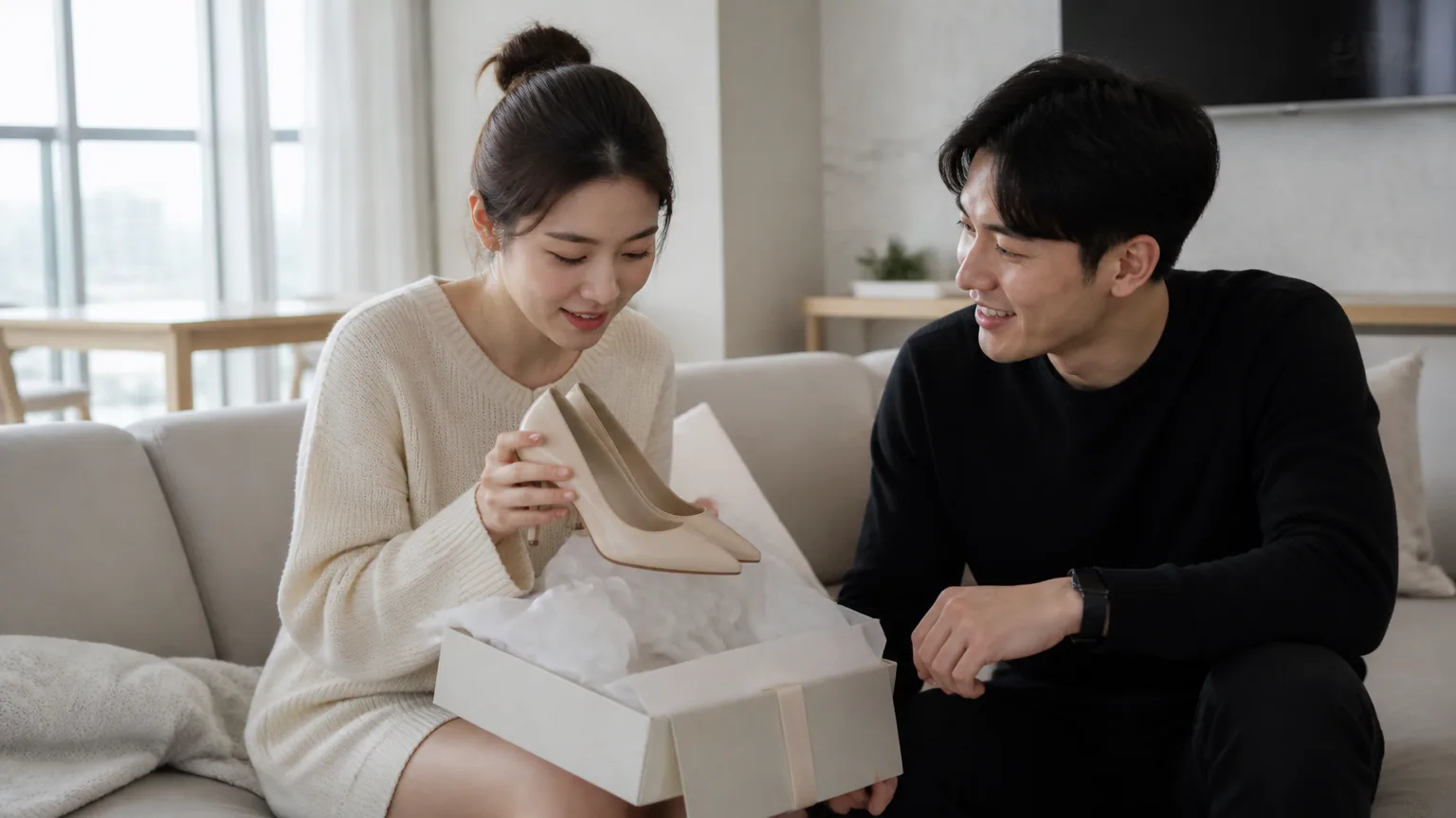 선물박스 안에 담긴 하이힐 이미지로 수정 생성. 캡션은 영어로 붙일 것. (웹 검색 실패 - AI 대체 장면)