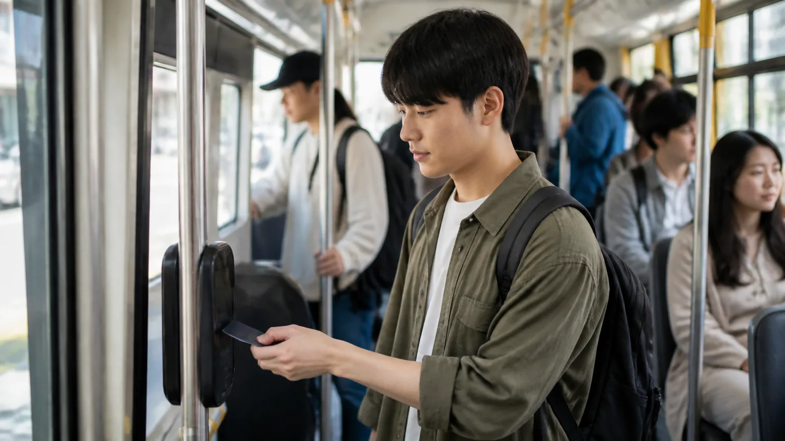 Passenger tapping a T-money transit card on a Seoul bus reader (웹 검색 실패 - AI 대체 장면)