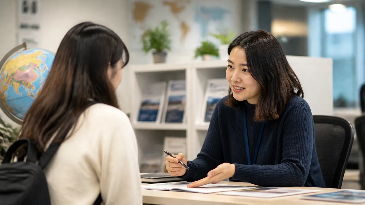 International student receiving foreigner registration guidance at a university office