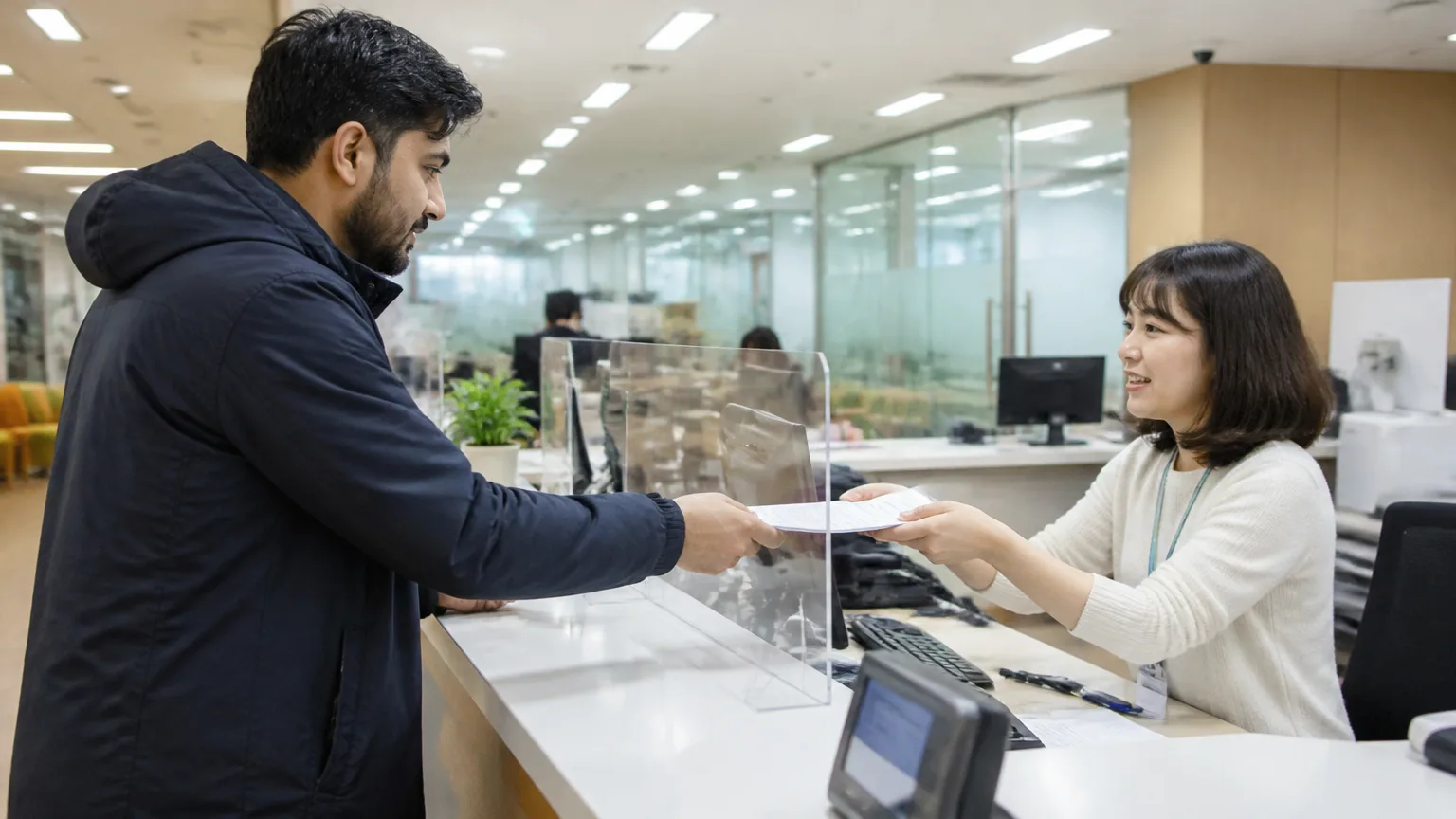 Foreign resident submitting documents at a Korean community service center counter