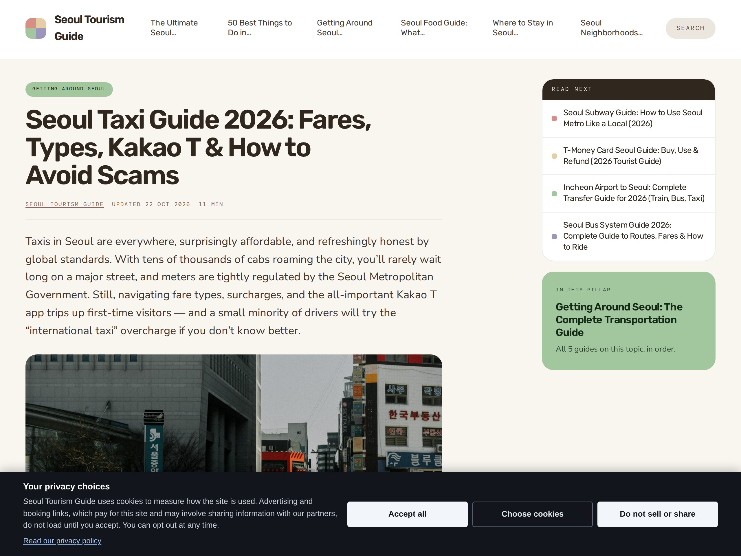 Seoul Tourism's taxi guide showing fares by taxi type and late-night surcharge hours
