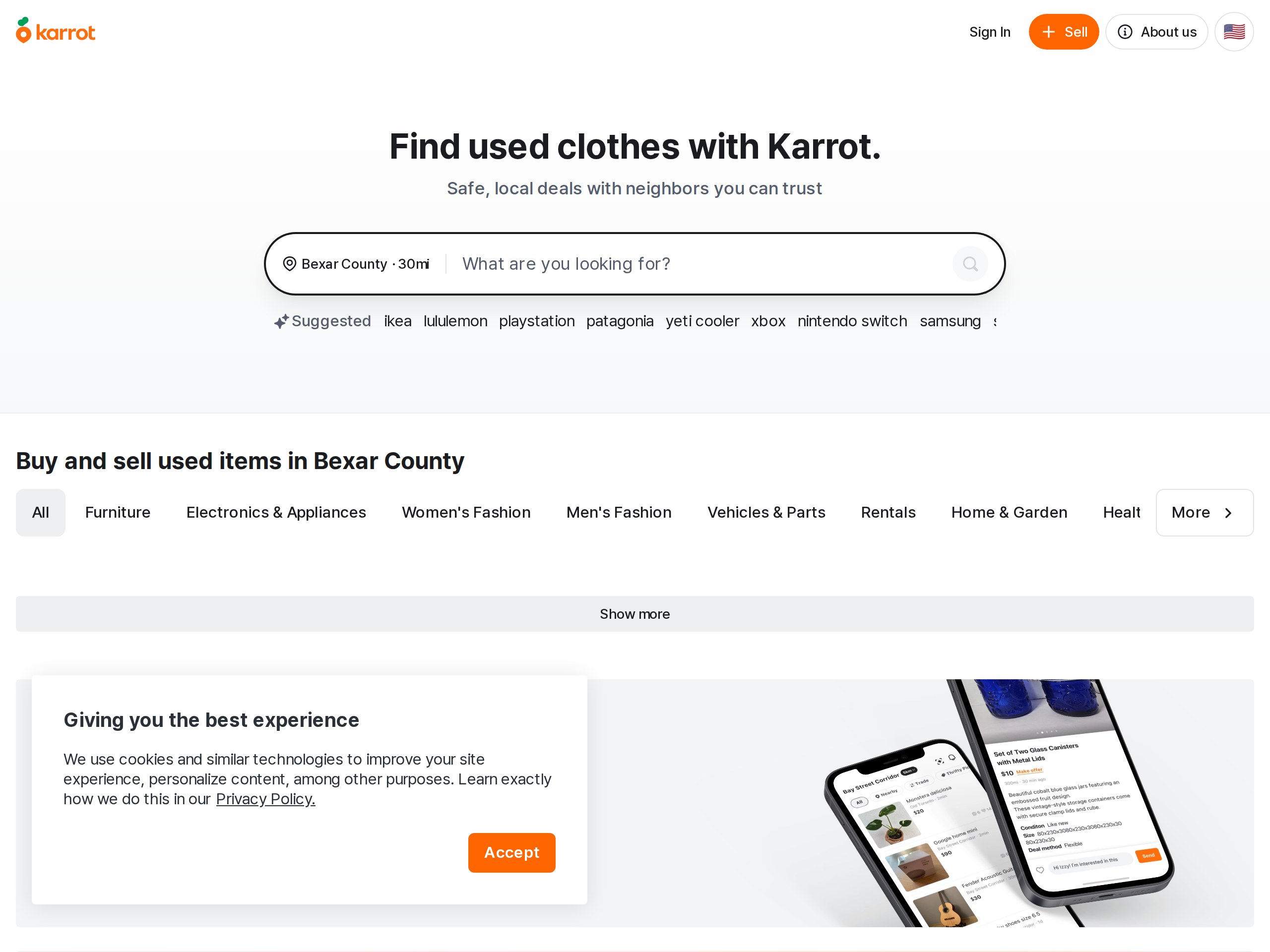 The overseas Karrot home page showing the Furniture and Electronics & Appliances categories