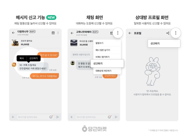 Karrot's chat room menu with the Report (신고하기) option, shown beside the message report and profile report screens. Photo: Tech M