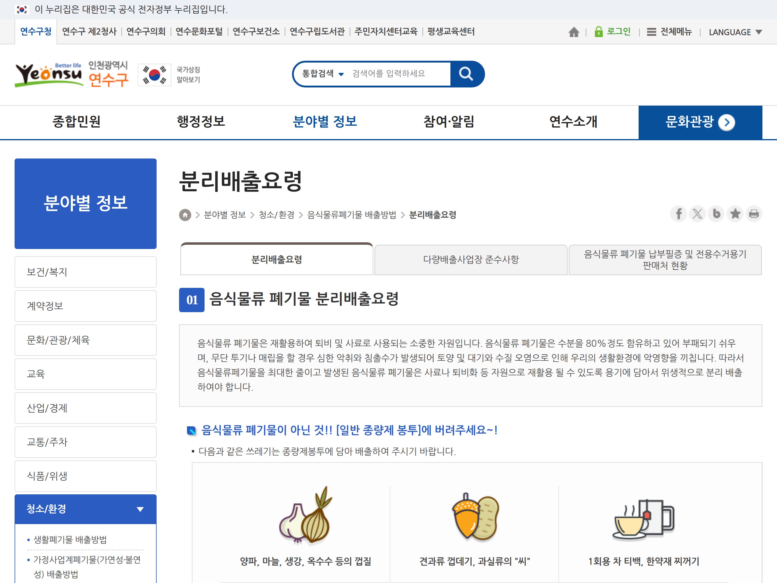 Item list and price table on the Incheon Yeonsu-gu food waste disposal page