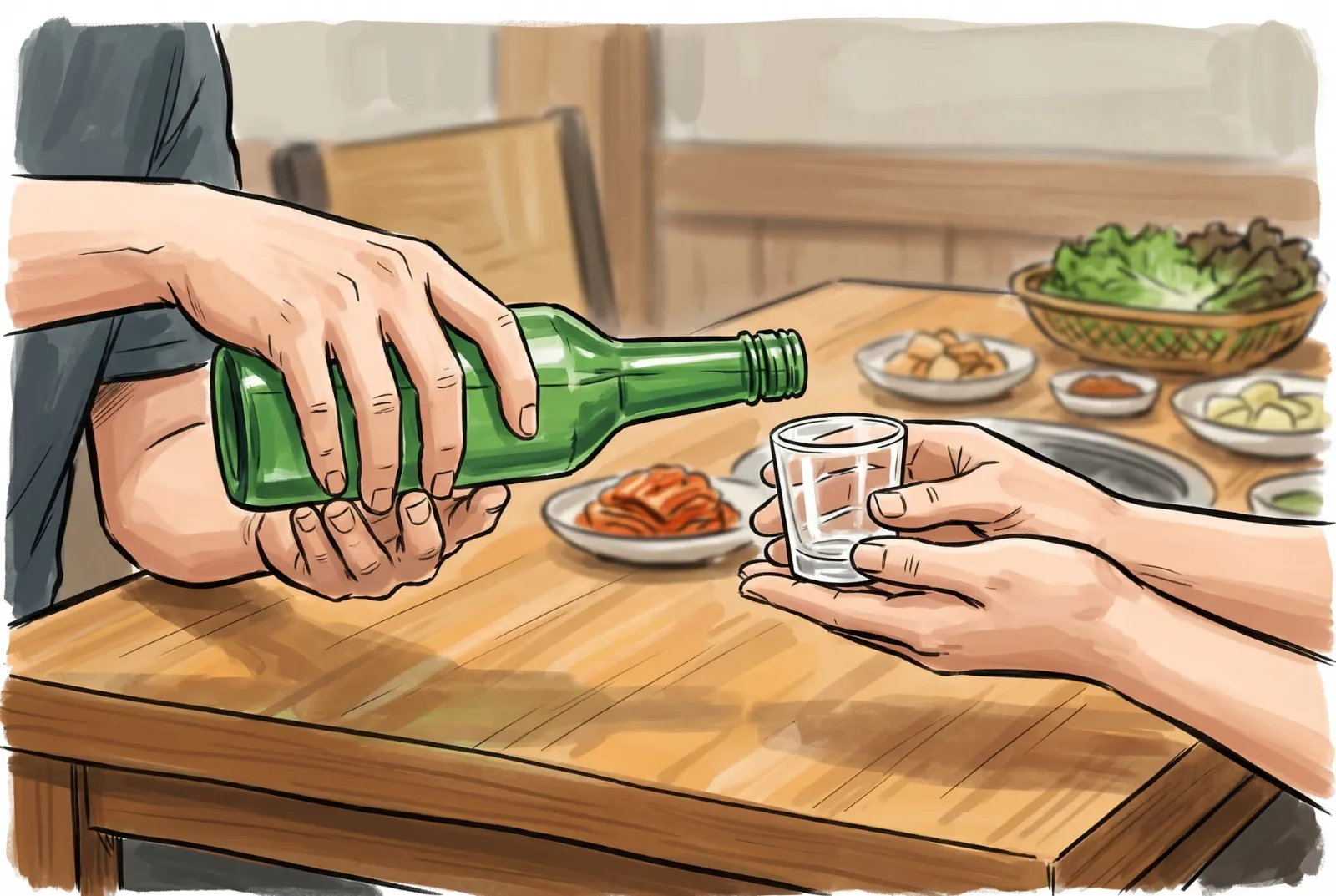 Shot glasses of soju held together over a table. Photo: GQ Korea
