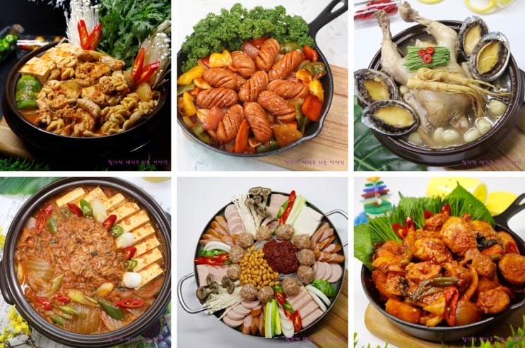 A collage of Korean stew and hot pot dishes, including tofu kimchi jjigae and army stew, popular as soju anju. Photo: Naver Blog