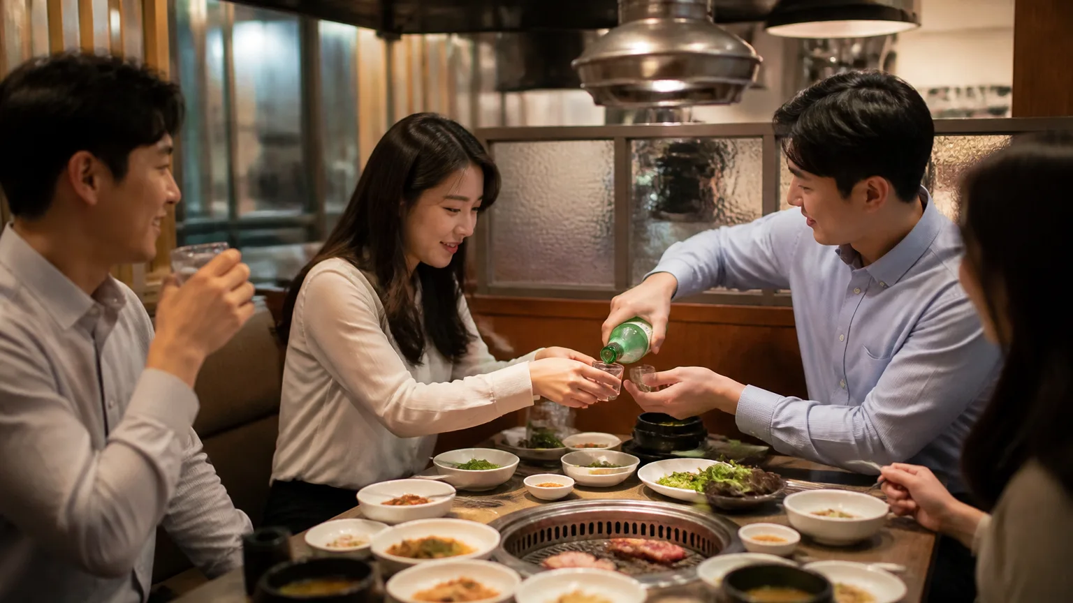 Coworkers pouring and receiving soju at a hoesik dinner (웹 검색 실패 - AI 대체 장면)