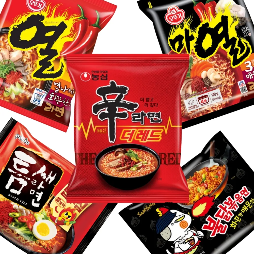 Packs of Nongshim Shin Ramyun The Red, Samyang Buldak Ramen and Paldo Teumsae Ramen, shown with Ottogi Yeul Ramen and Maeyeol Ramen. Photo: Naver Shopping