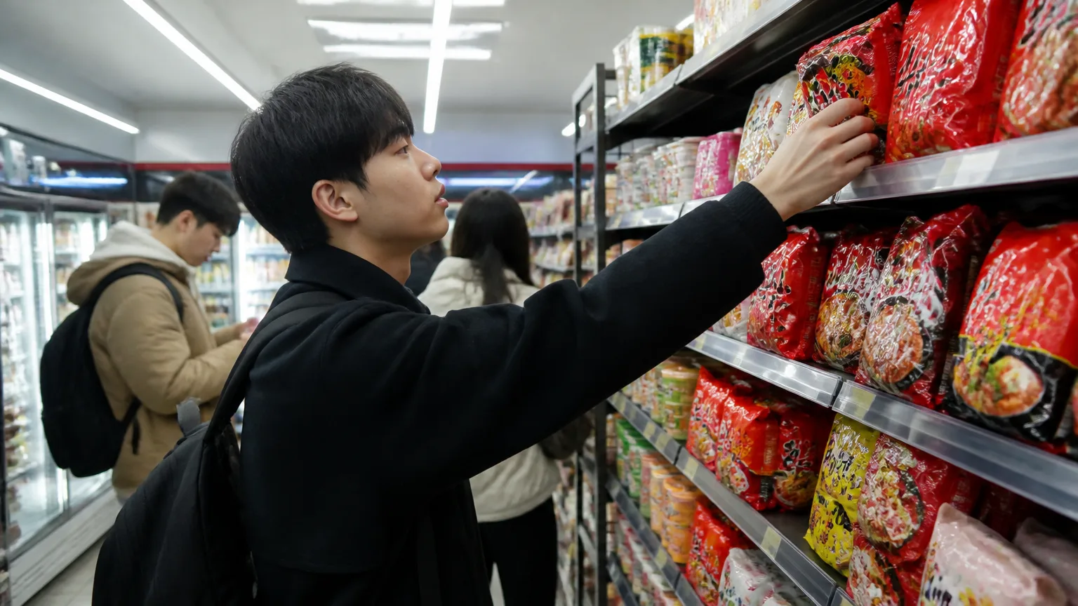 Spicy ramen shelf at a Korean convenience store (웹 검색 실패 - AI 대체 장면)