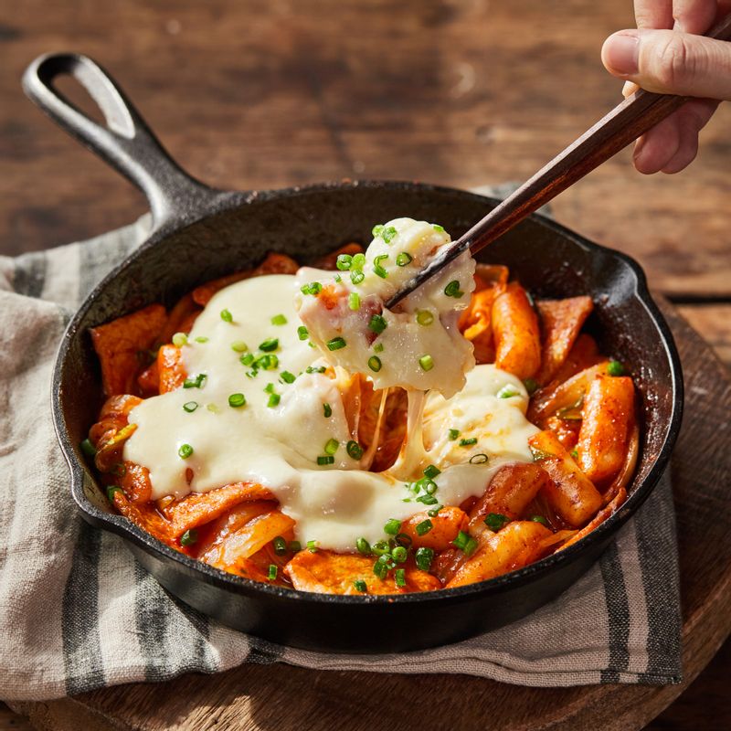 Cheese tteokbokki in a cast-iron skillet, with melted cheese stretching over the spicy rice cakes. Source: Wtable