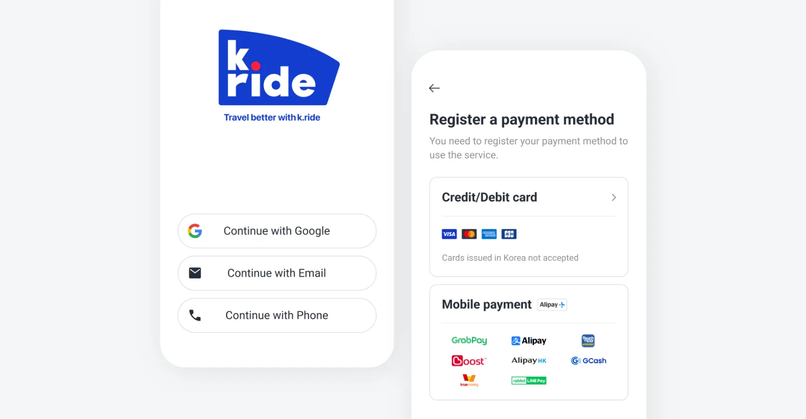 k.ride app sign-in and payment registration screens. Source: Kakao Mobility