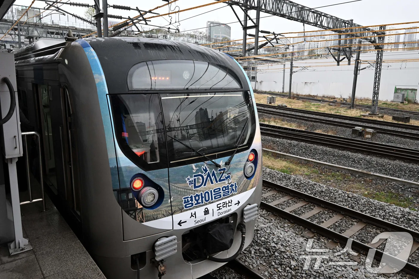 The Korail DMZ Peace Train, marked Seoul–Dorasan, at a platform. Photo: News1