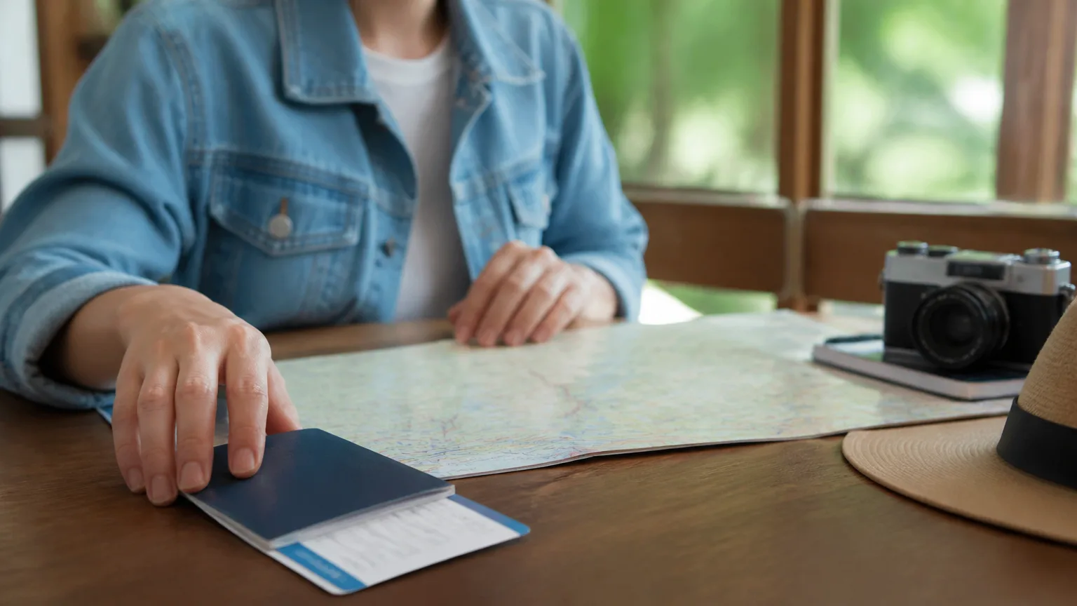 Traveler preparing passport and flight ticket for a trip