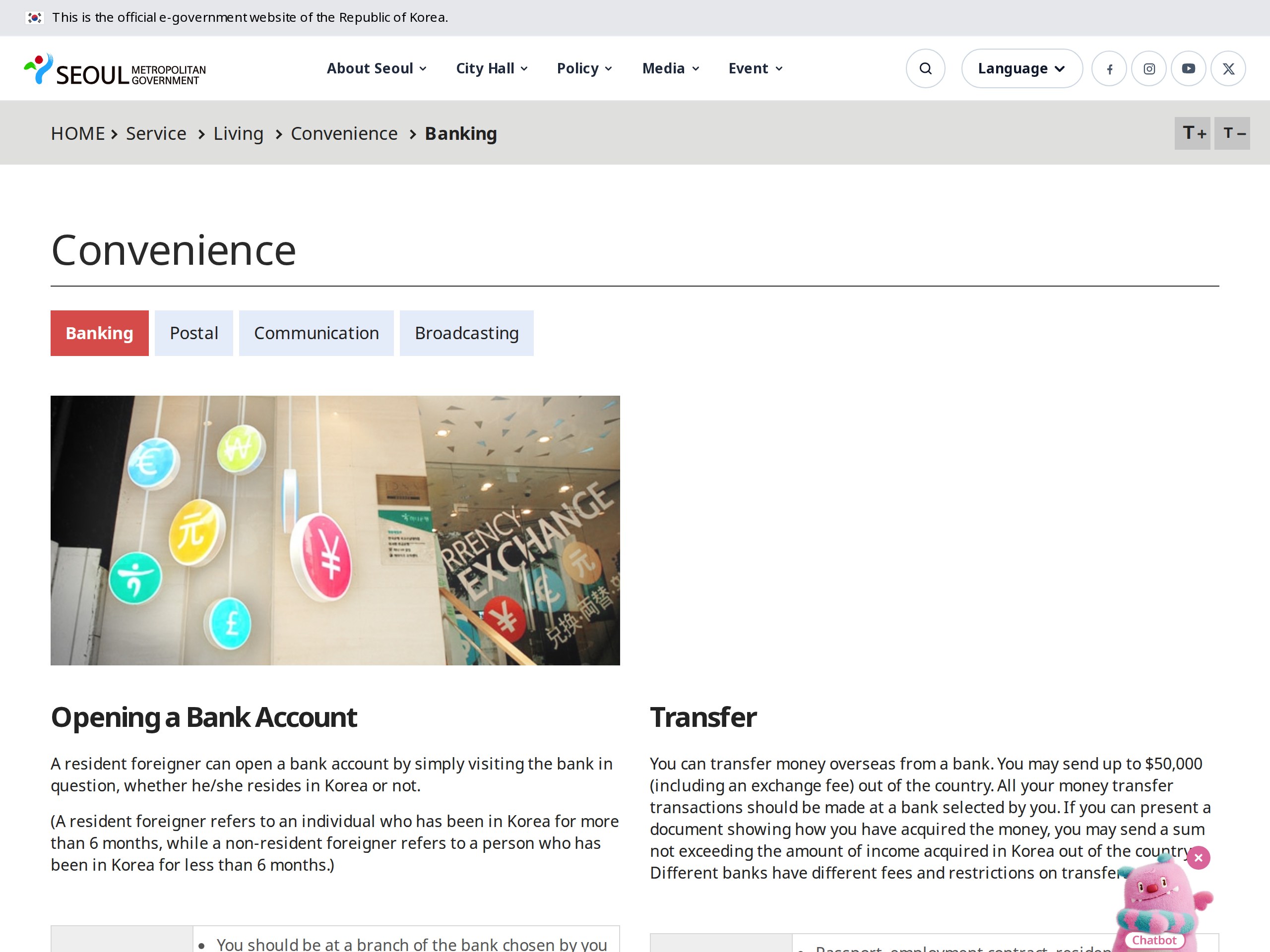 The account-opening documents and business hours section of the Seoul city government's English banking guide
