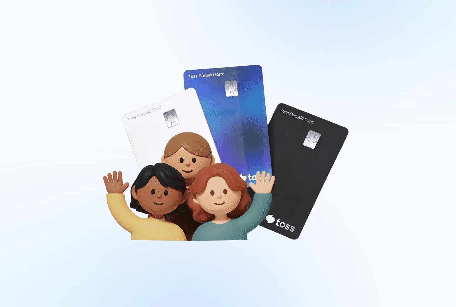 Toss Prepaid Card in white, blue and black, shown with illustrated international students waving. Source: Toss