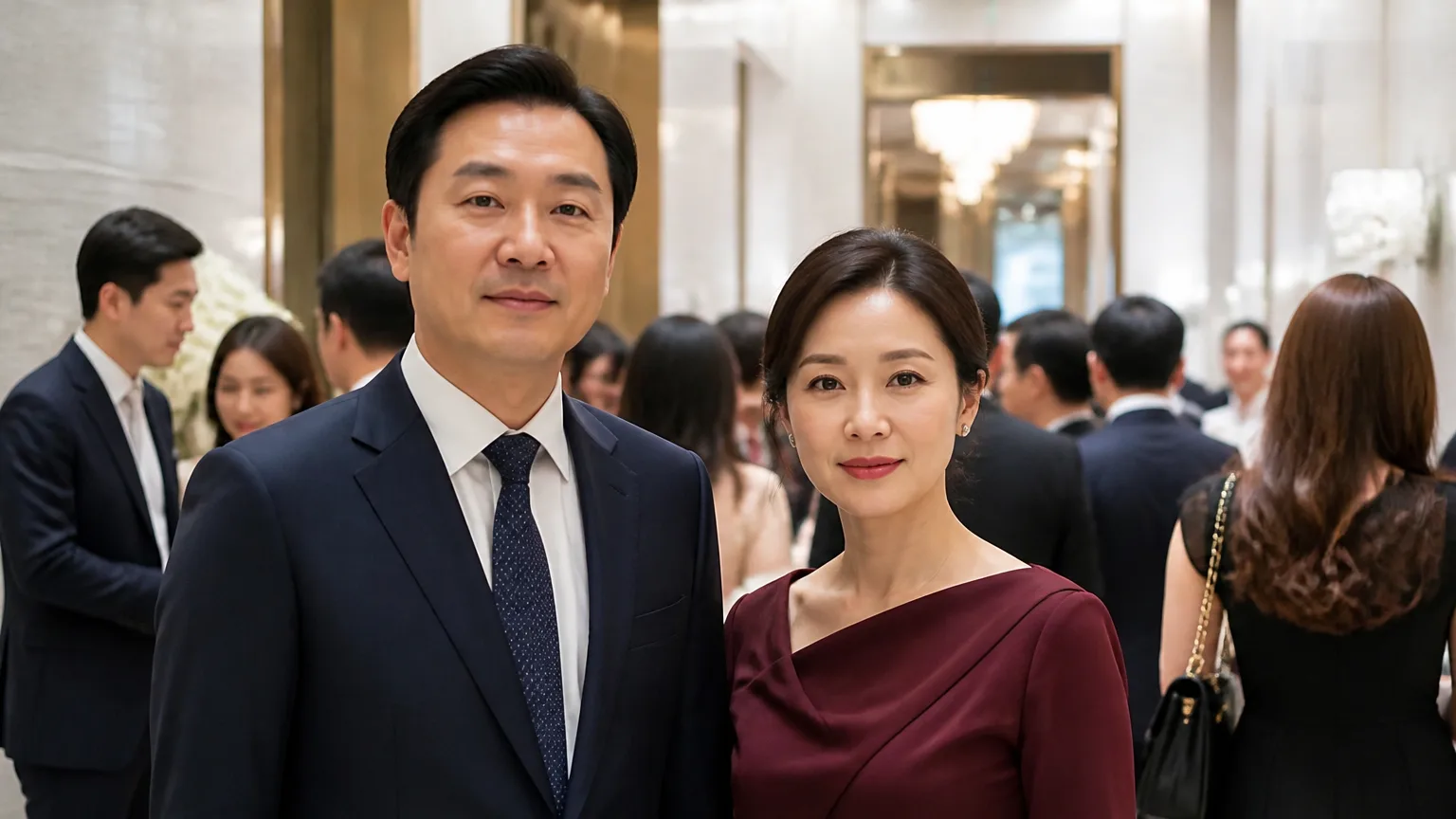 Wedding guests in neat navy and burgundy formal outfits at a Korean wedding
