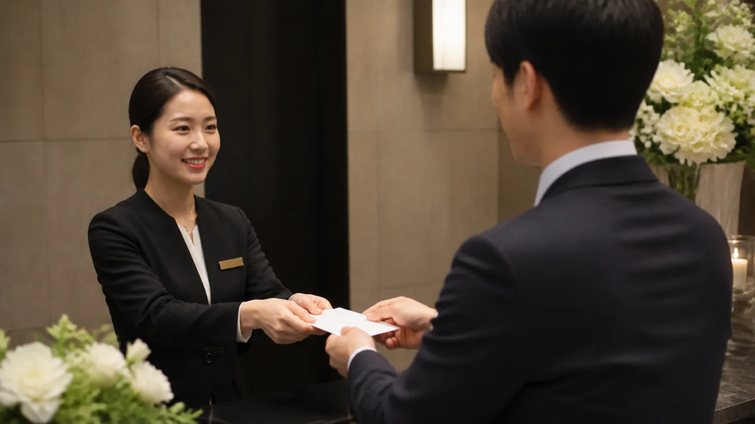 Guest handing a gift money envelope at a wedding reception desk