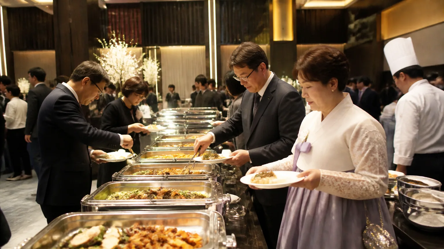 Guests eating at a wedding hall buffet
