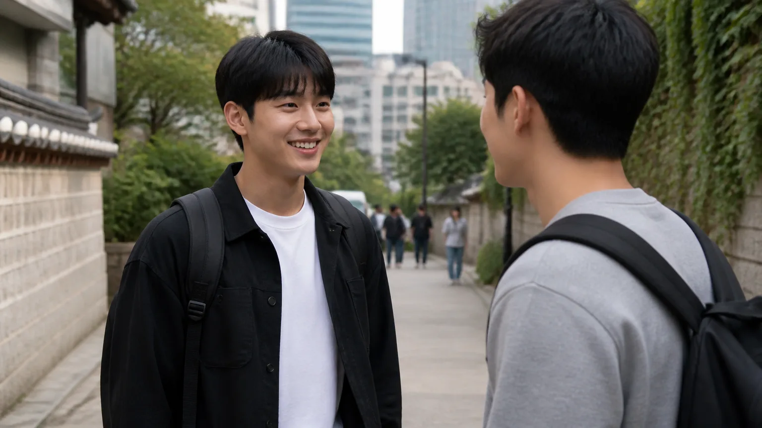 Two friends greeting each other and talking in Korea