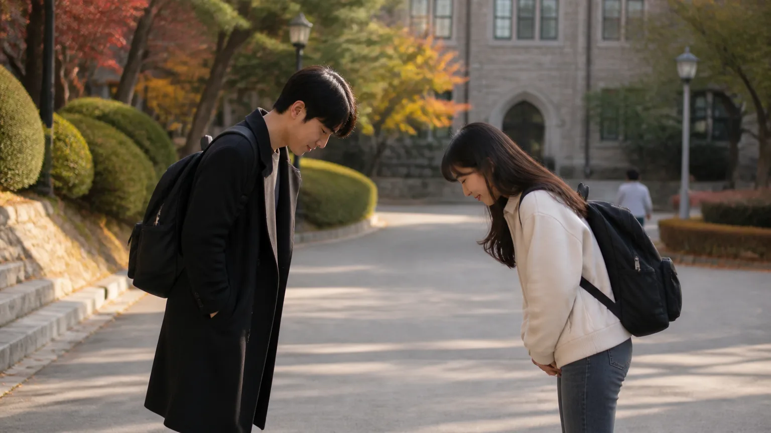 A senior and a junior student greeting each other on a Korean university campus