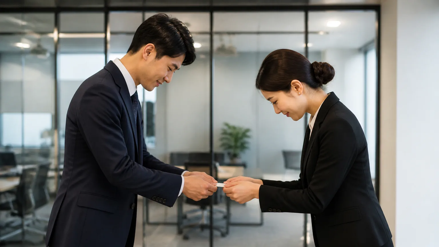 Colleagues exchanging business cards and greeting each other at a Korean workplace