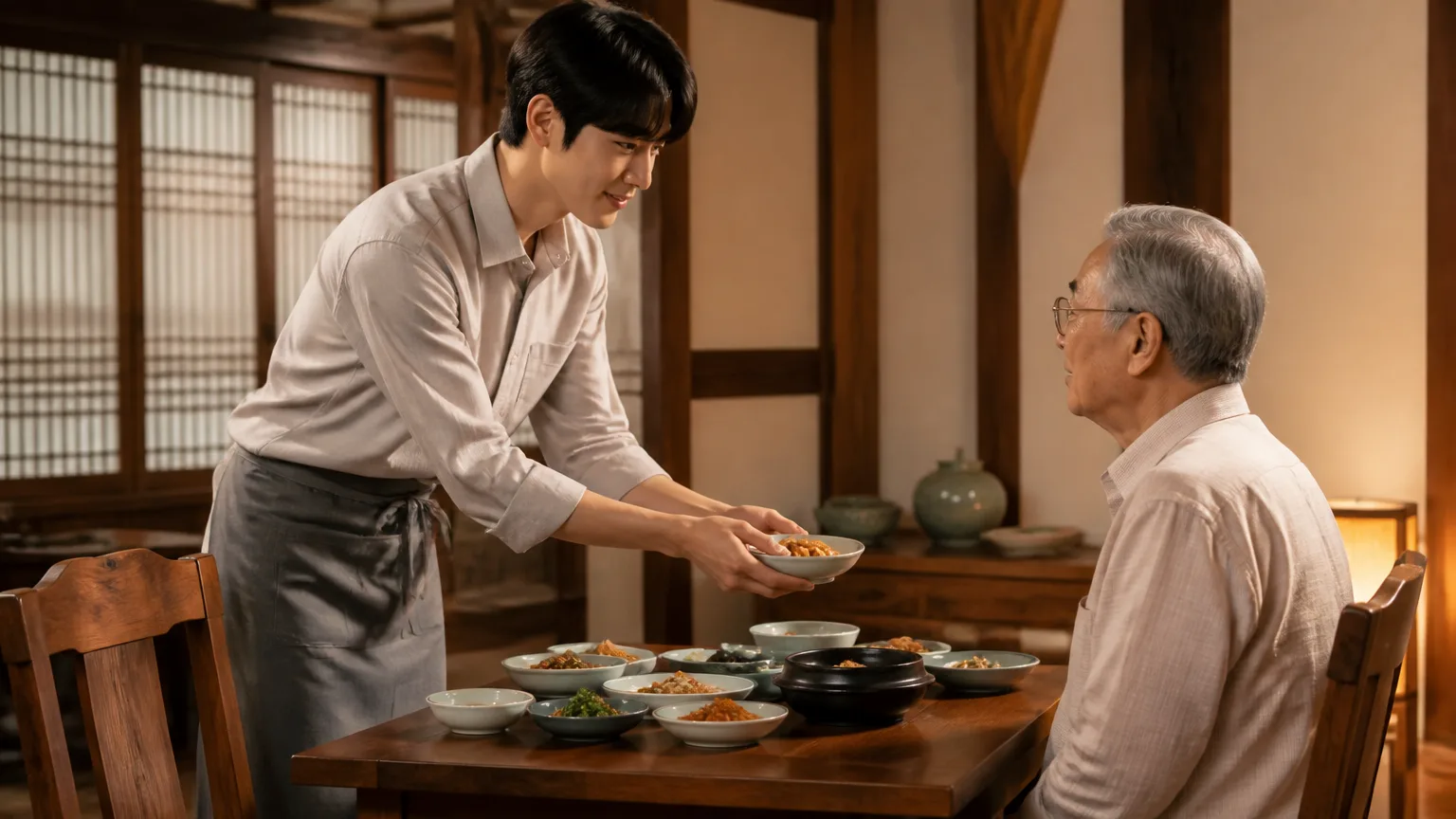 Offering a meal to an elderly person at a Korean restaurant