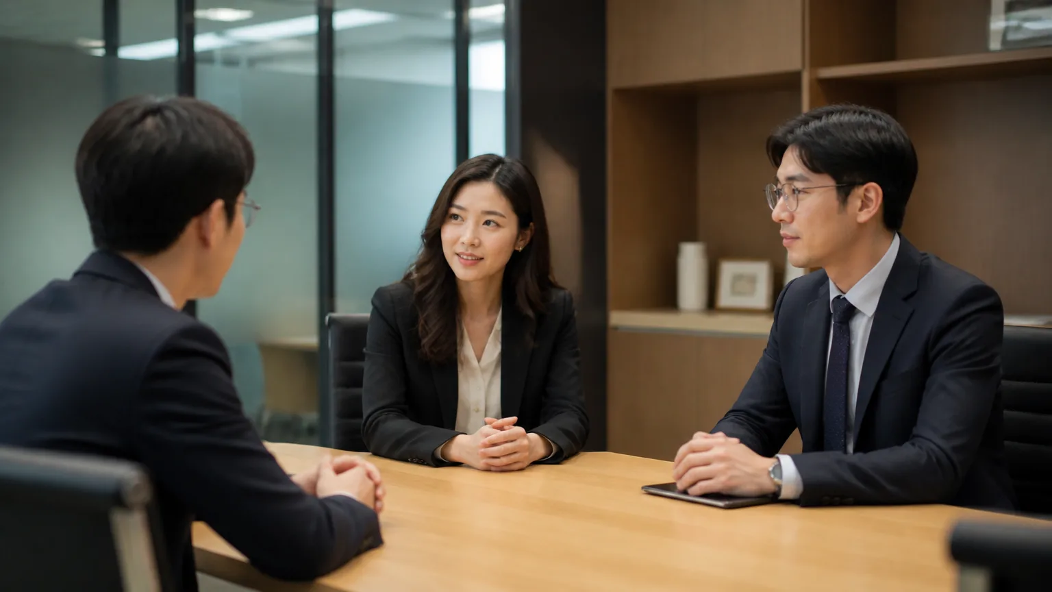Colleagues talking in a Korean workplace meeting