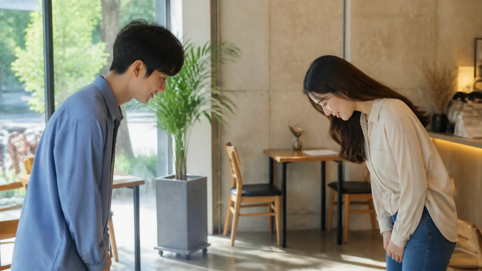 Two people meeting for the first time and bowing to greet each other