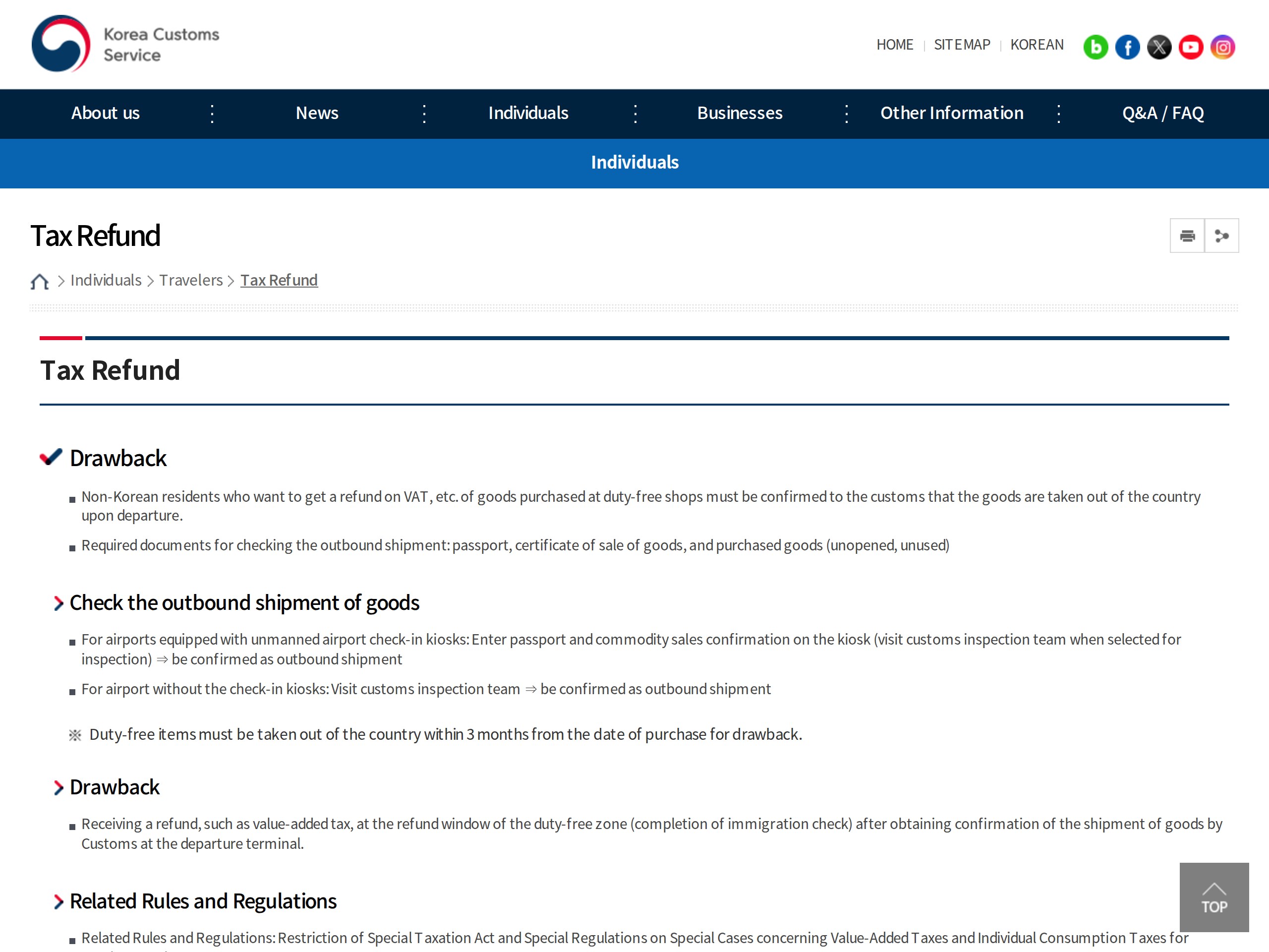 Customs export approval steps and the 3-month deadline on the Korea Customs Service's English Tax Refund page